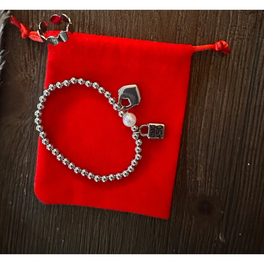 Beaded silver tone with pearl and heart charm bracelet with silver tone toe ring